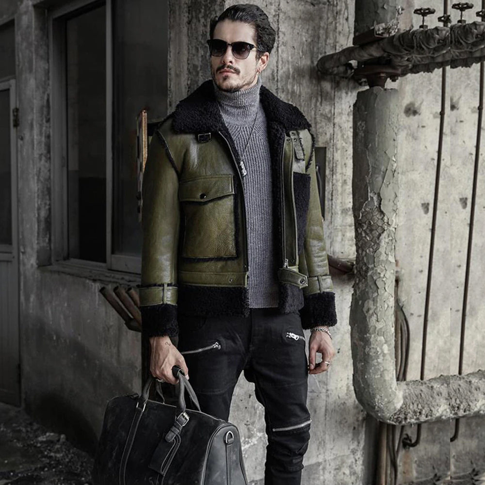 Green Men's Shearling Jacket Genuine Sheepskin Jacket Coat - bombersflight