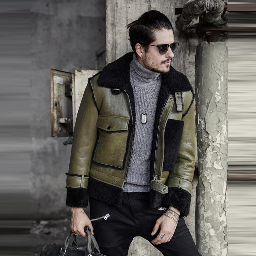 Green Men's Shearling Jacket Genuine Sheepskin Jacket Coat - bombersflight