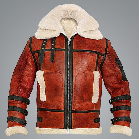 Red leather jacket with white fur lining on a gray background
