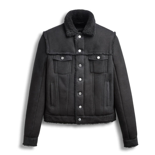 Black jacket with button details on a white background