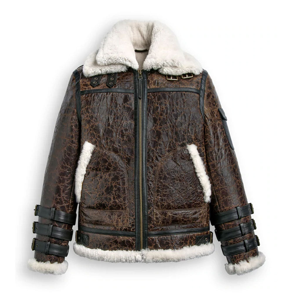 Brown leather jacket with white fur lining on a white background