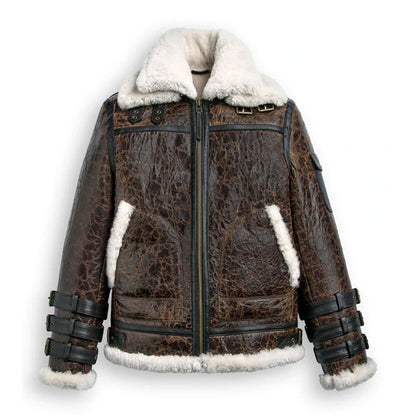 Brown leather jacket with white fur lining on a white background