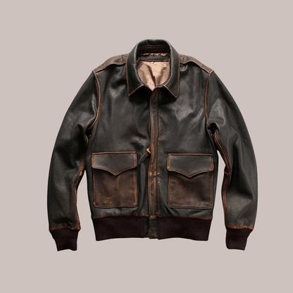 Brown leather jacket with two front pockets on a beige background