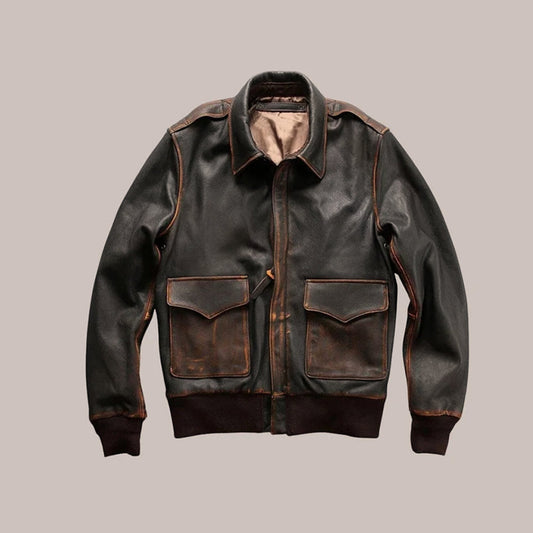 Brown leather jacket with two front pockets on a beige background