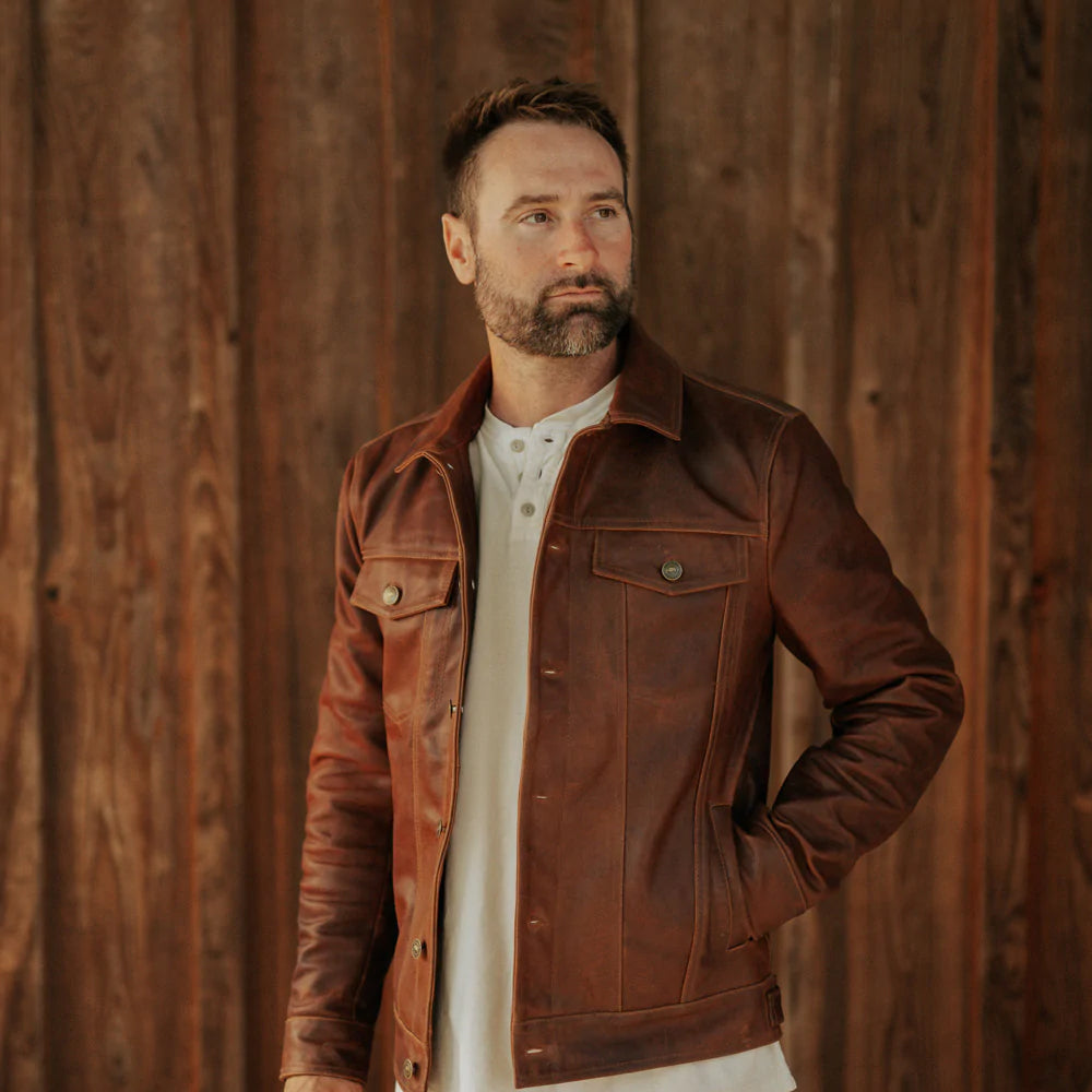Men's Genuine Goatskin Plain Brown Trucker Leather Jacket