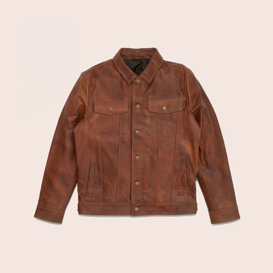 Men's Genuine Goatskin Plain Brown Trucker Leather Jacket