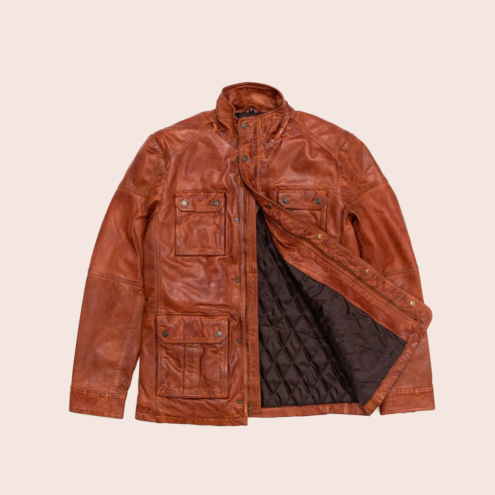 Brown leather jacket with quilted lining on a beige background
