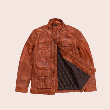 Brown leather jacket with quilted lining on a beige background