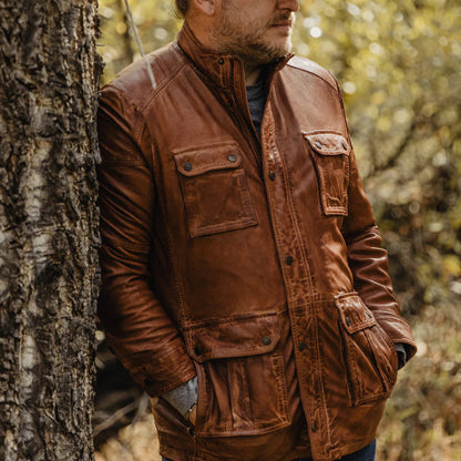 Men Genuine Sheepskin Brown Leather Field Jacket