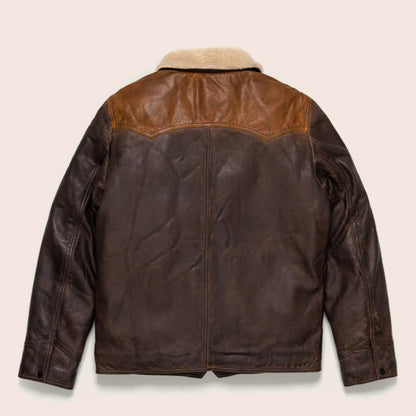 Brown leather jacket with fur lining on a beige background