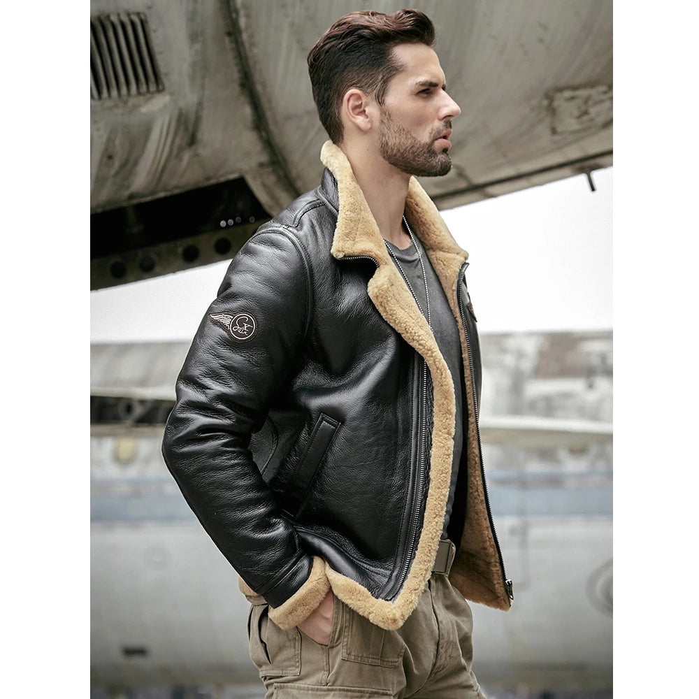 Men's Leather Shearling Jacket Sheepskin Aviator Jacket - bombersflight