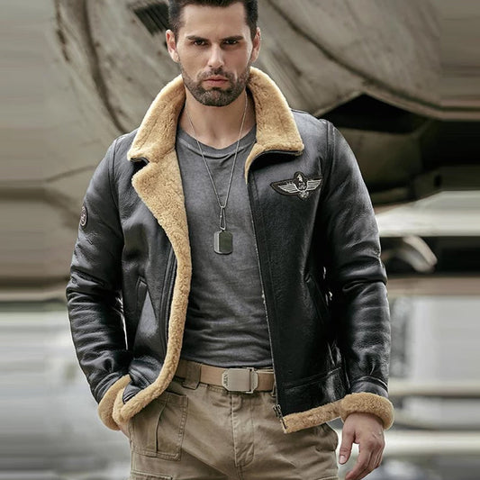 Men's Leather Shearling Jacket Sheepskin Aviator Jacket