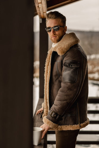 Men's Brown B3 RAF Flying Aviator Shearling Leather Long Jacket Coat - bombersflight