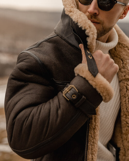 Men's Brown B3 RAF Flying Aviator Shearling Leather Long Jacket Coat - bombersflight