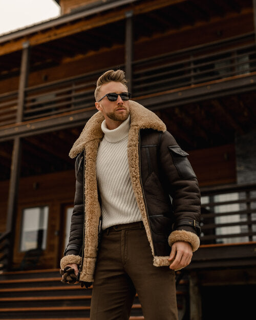 Men's Brown B3 RAF Flying Aviator Shearling Leather Long Jacket Coat - bombersflight