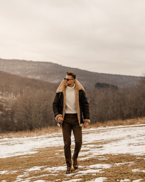 Men's Brown B3 RAF Flying Aviator Shearling Leather Long Jacket Coat - bombersflight