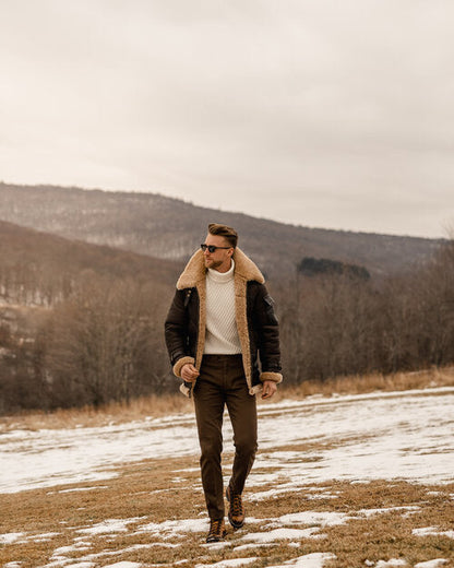 Men's Brown B3 RAF Flying Aviator Shearling Leather Long Jacket Coat - bombersflight