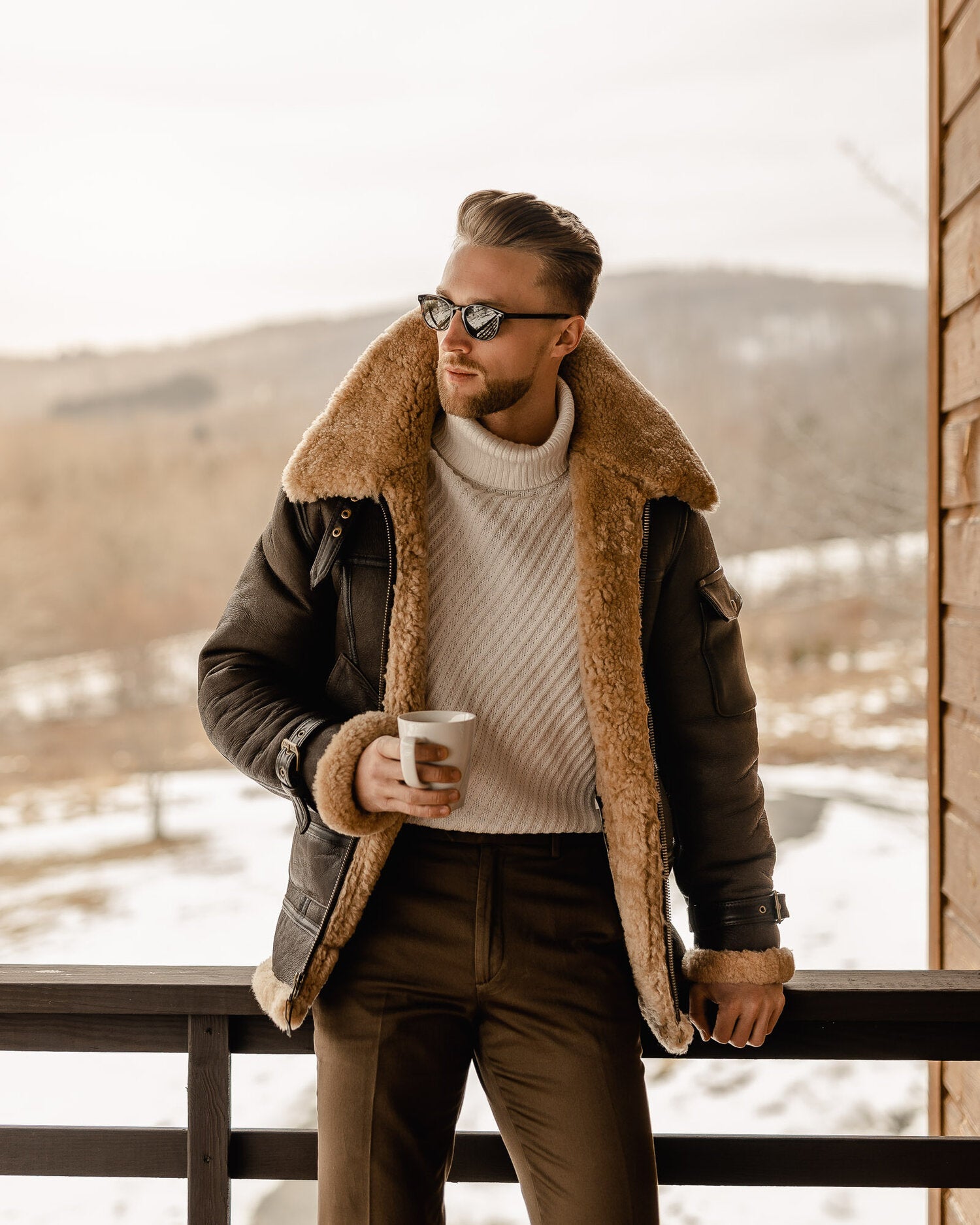 Men's Brown B3 RAF Flying Aviator Shearling Leather Long Jacket Coat - bombersflight