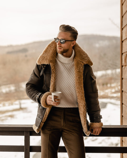 Men's Brown B3 RAF Flying Aviator Shearling Leather Long Jacket Coat