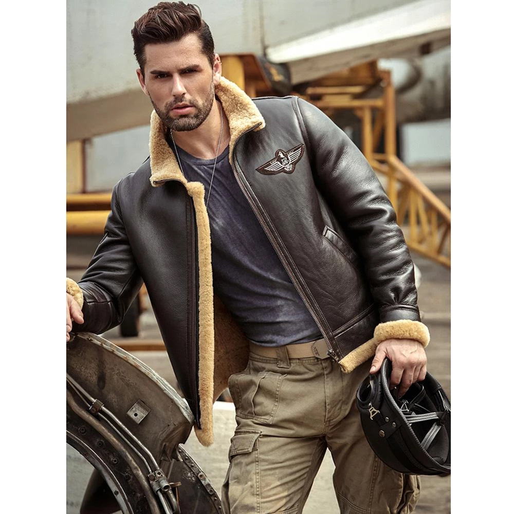 Men's Brown RAF Aviator Airforce Sheepskin Shearling Leather Jacket Coat - bombersflight