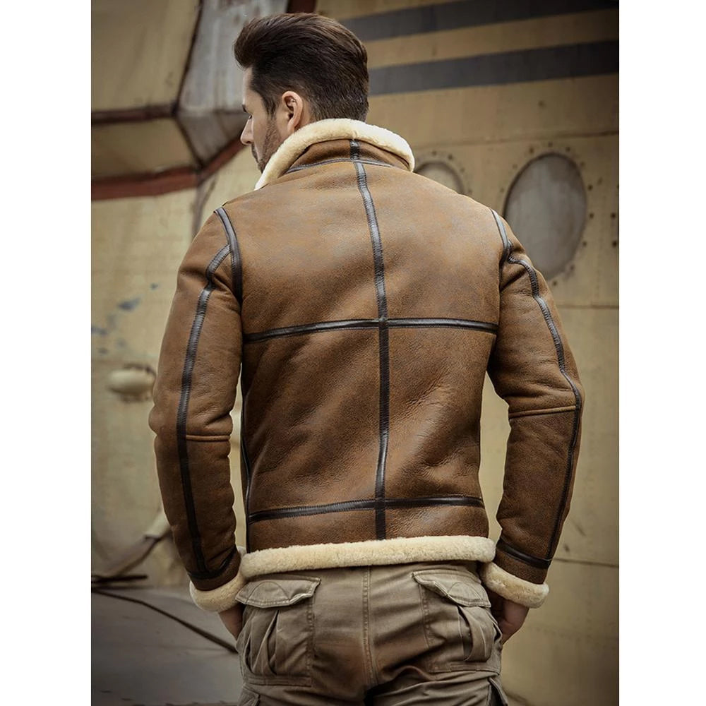 New Men's 2025 RAF Double Collar Waxed RAF Flying Sheepskin Shearling Jacket Coat - bombersflight