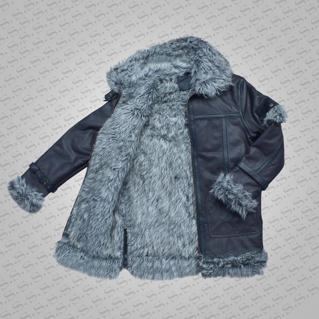 Men's Shearling Jacket Coat Thick Black in Flight Aviation Style Jacket - Cold Inferno - bombersflight