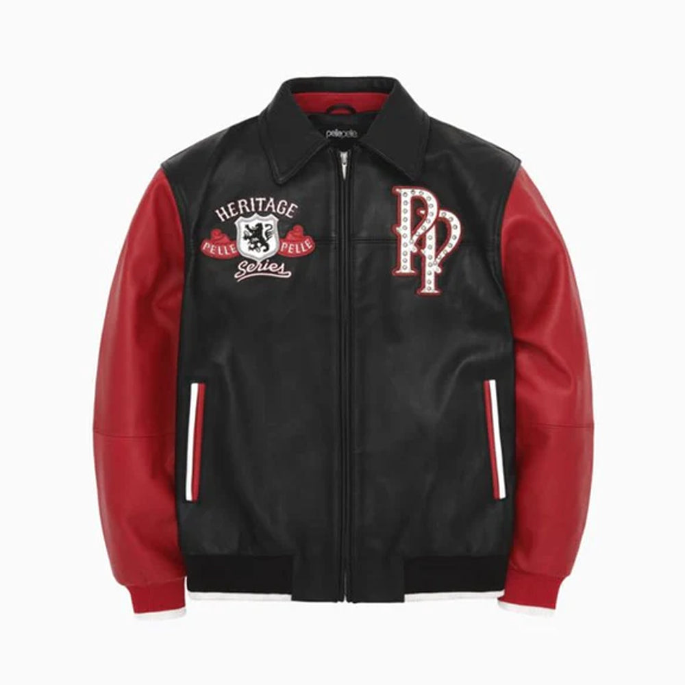 A black and red varsity-style leather jacket with a front zipper, a black collar, and collegiate patches on the chest. The brand name 'pelle' is visible on the inner neck label.