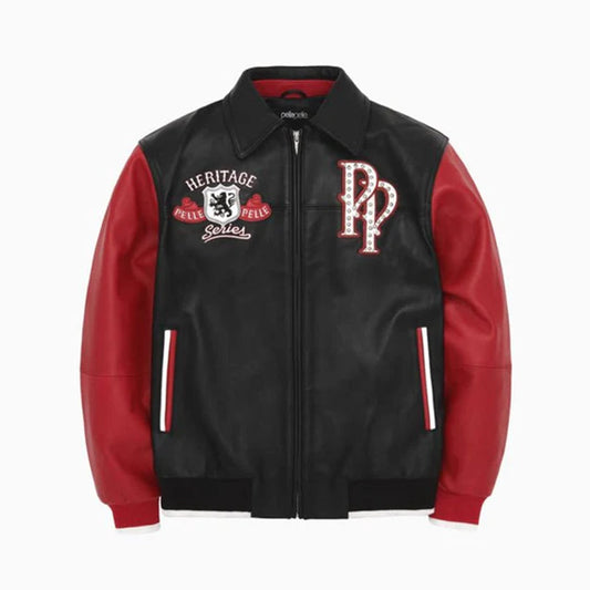 A black and red varsity-style leather jacket with a front zipper, a black collar, and collegiate patches on the chest. The brand name 'pelle' is visible on the inner neck label.