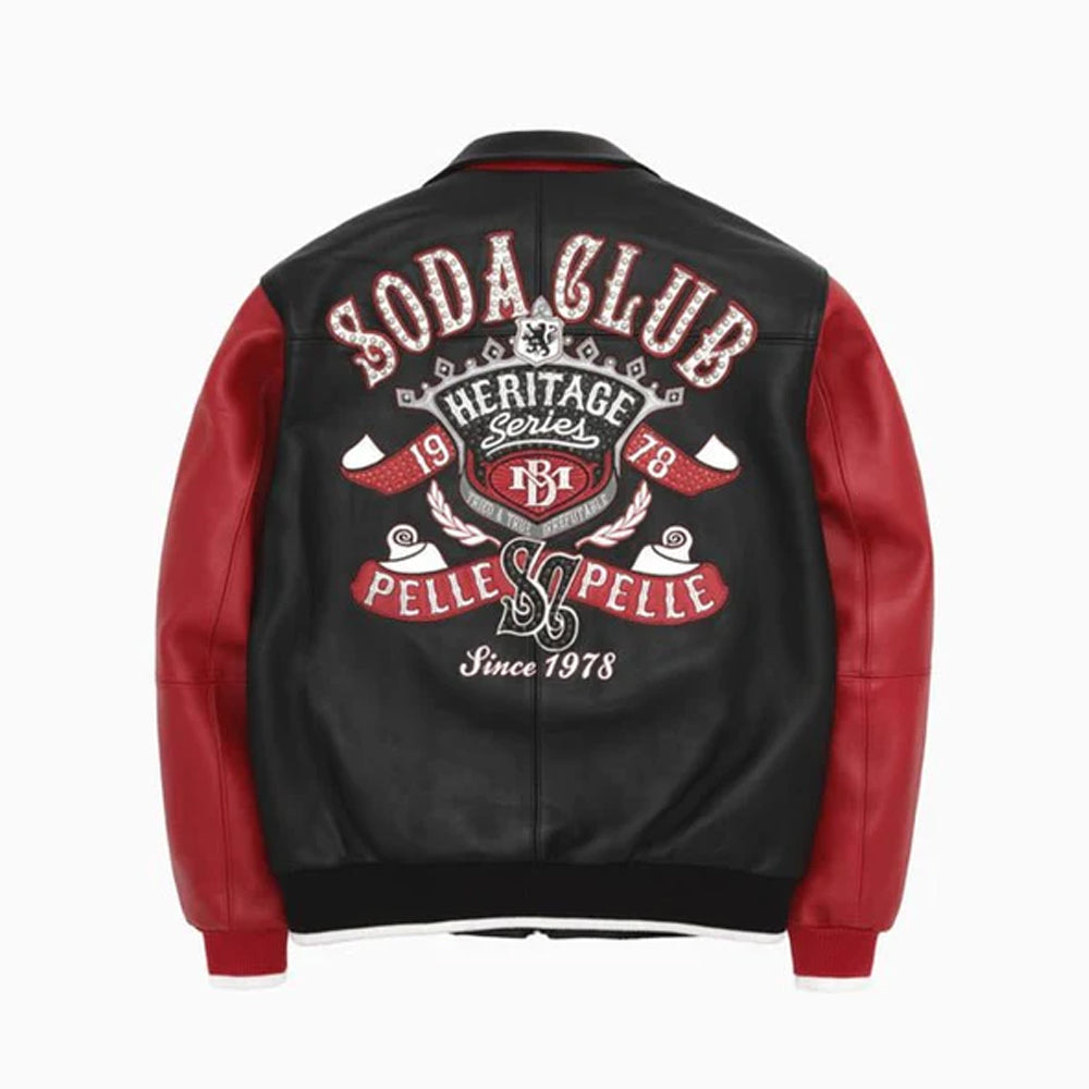 Black leather jacket with red leather sleeves, featuring a large vintage-style 'SODA CLUB' graphic on the back in red, white, and black.