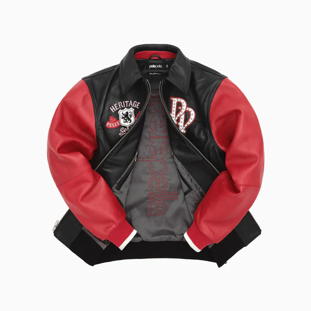 A black and red leather jacket with embroidered patches, a gray inner lining, and white striped ribbed cuffs and hem, shown against a plain white background.