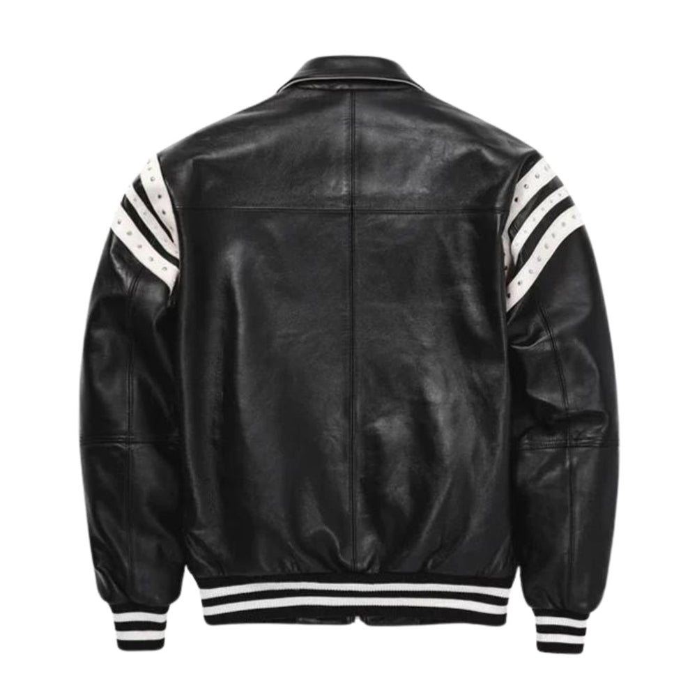 Men’s Pelle Pelle Wild Style Leather Jacket Back View – Black Varsity Bomber with Large Embroidered Graphic Detailing