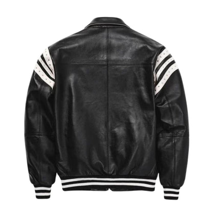 Men’s Pelle Pelle Wild Style Leather Jacket Back View – Black Varsity Bomber with Large Embroidered Graphic Detailing