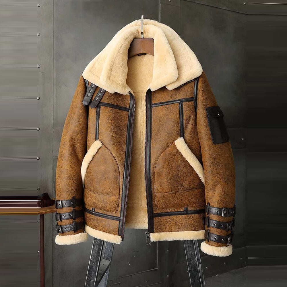 Mens Aviator Brown Double Collar Flight Shearling Leather Jacket Coat - bombersflight