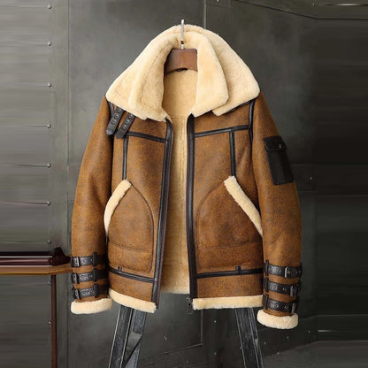 Mens Aviator Brown Double Collar Flight Shearling Leather Jacket Coat - bombersflight