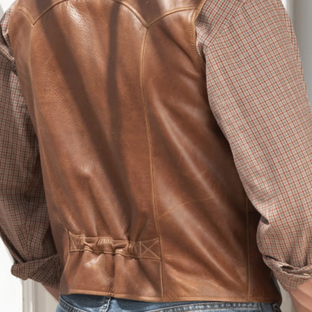 Men's Brown Western Cowboy Waistcoat Buffalo Leather Vest - bombersflight