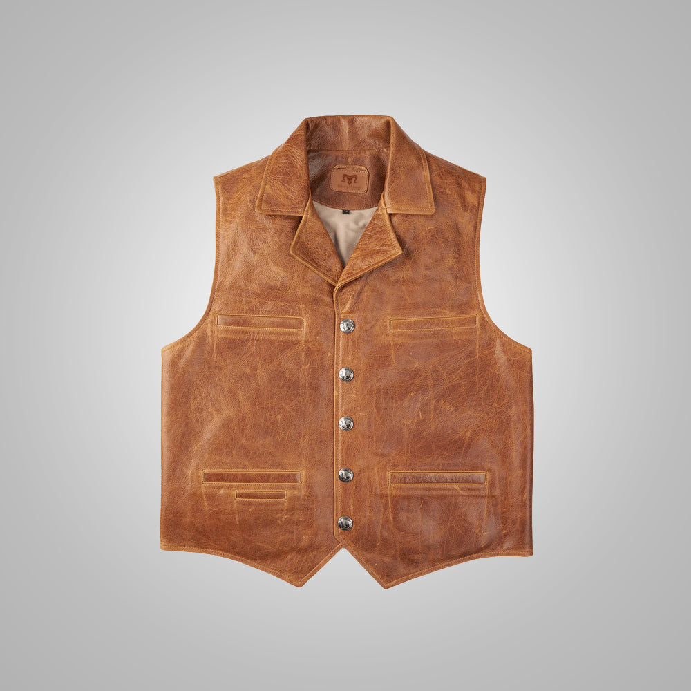 Men's Brown Western Cowboy Waistcoat Buffalo Leather Vest - bombersflight