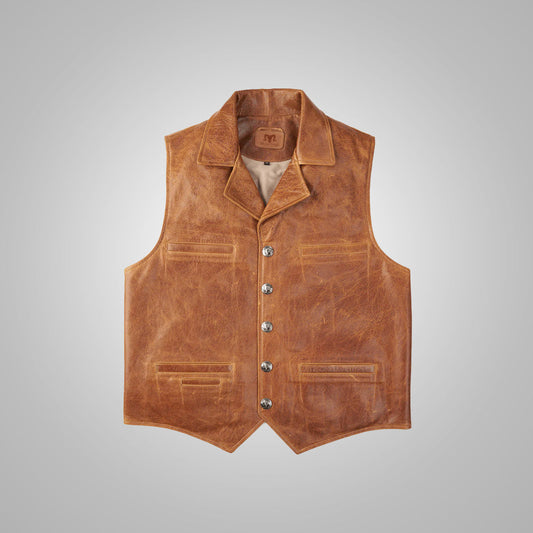 Men's Brown Western Cowboy Waistcoat Buffalo Leather Vest - bombersflight