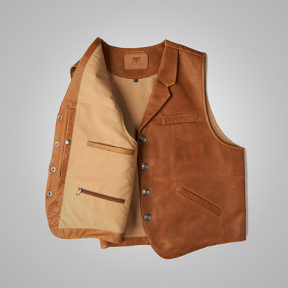 Brown Western Waistcoat Cowboy Style Sheepskin Leather Vest