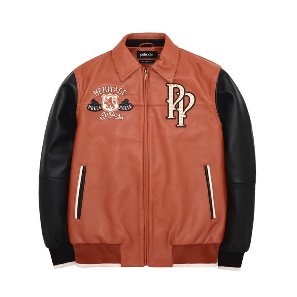 A brown  leather bomber jacket with black faux leather sleeves, featuring embroidered patches on the chest and striped zipper details on the pockets.