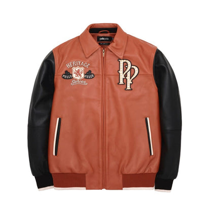 A brown  leather bomber jacket with black faux leather sleeves, featuring embroidered patches on the chest and striped zipper details on the pockets.