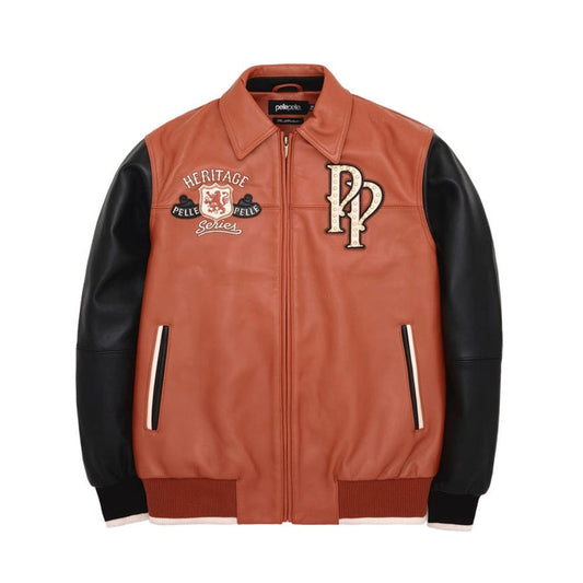 A brown  leather bomber jacket with black faux leather sleeves, featuring embroidered patches on the chest and striped zipper details on the pockets.