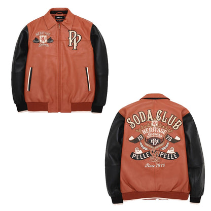 A two-tone leather jacket shown from both front and back views. The body is a warm rust-orange color, while the sleeves and collar are black.