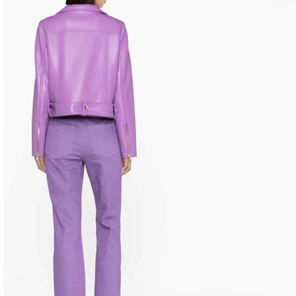 Purple leather jacket and pants on a white background