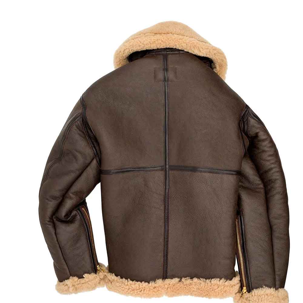 Brown leather jacket with beige fur lining on a white background