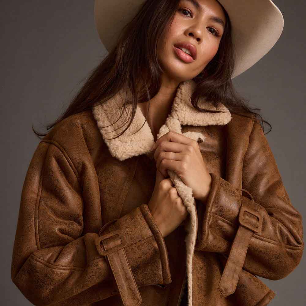 Shearling Trim Jacket for Women In Brown