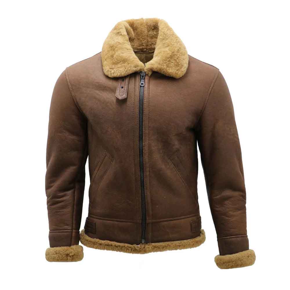 Brown leather jacket with beige fur collar and cuffs on a white background