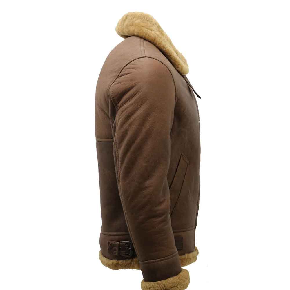 Brown leather jacket with beige fur lining on a white background