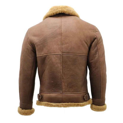 Brown leather jacket with fur trim on a white background
