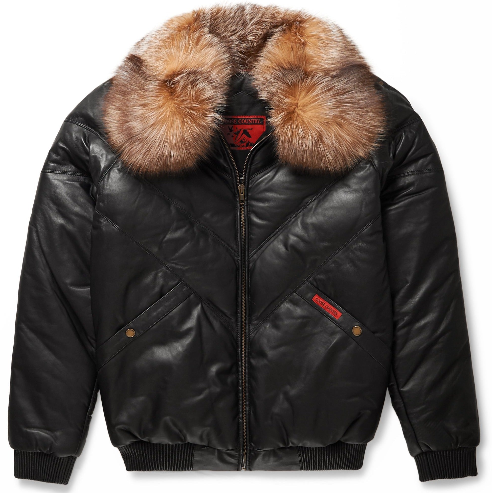 V-Bomber Jacket Black Leather Crystal Fox Fur - bombersflight