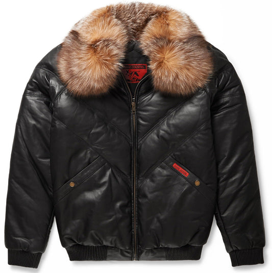 V-Bomber Jacket Black Leather Crystal Fox Fur - bombersflight